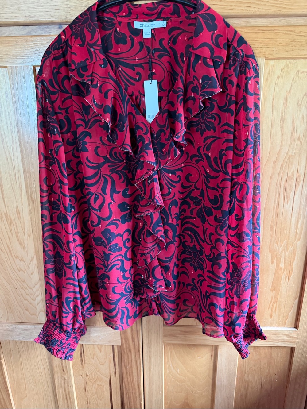 Chico's Red and Black Ruffle-Front Floral Blouse